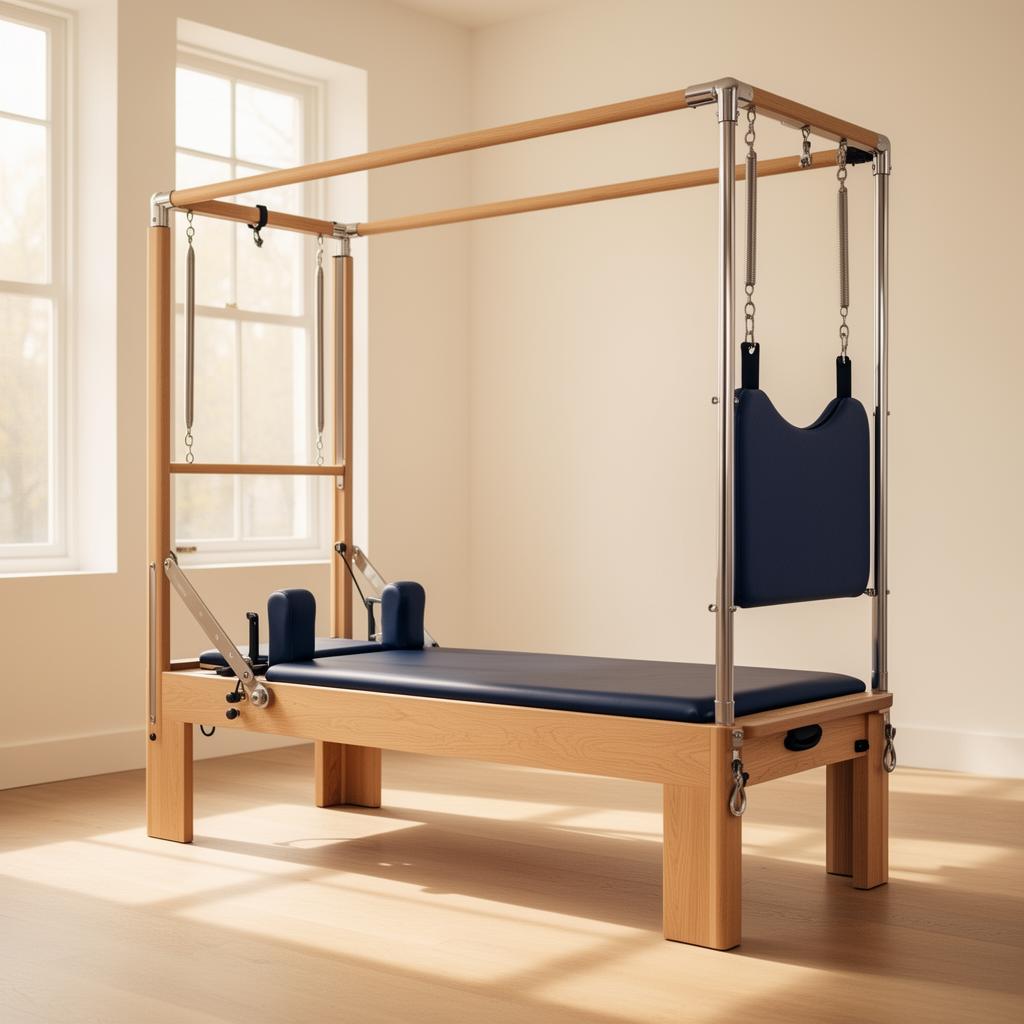 Cadillac (Trapeze Table) — aparelho de Pilates em madeira clara e estofado azul