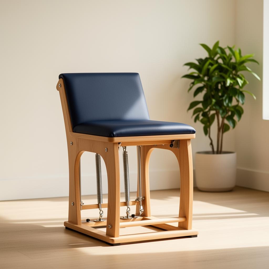 Wunda Chair — aparelho de Pilates em madeira clara e estofado azul